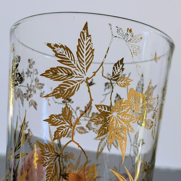 Vintage MCM Clear & 22K Gold Foil Leaves Double Old Fashioned Tumbler Set of 2 - Picture 4 of 10